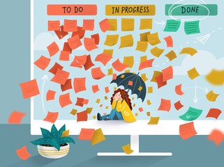 hand-drawn digital illustration featuring a girl under a downpour of tasks