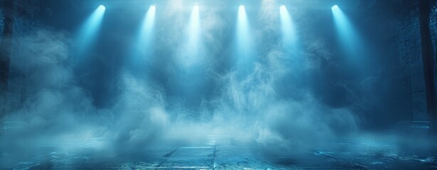 Fototapeta premium Abstract dramatic background of an empty stage with spotlights and fog. Empty scene for product presentation, concert or show.