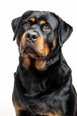 Obraz premium Mystic portrait of Rottweiler, copy space on right side, Close-up View, Isolated on white background