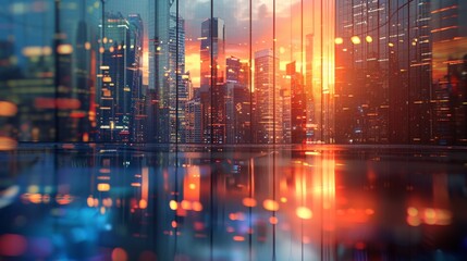 Fototapeta premium Abstract background of a modern city with skyscrapers and office buildings in sunset light, providing a panoramic view.