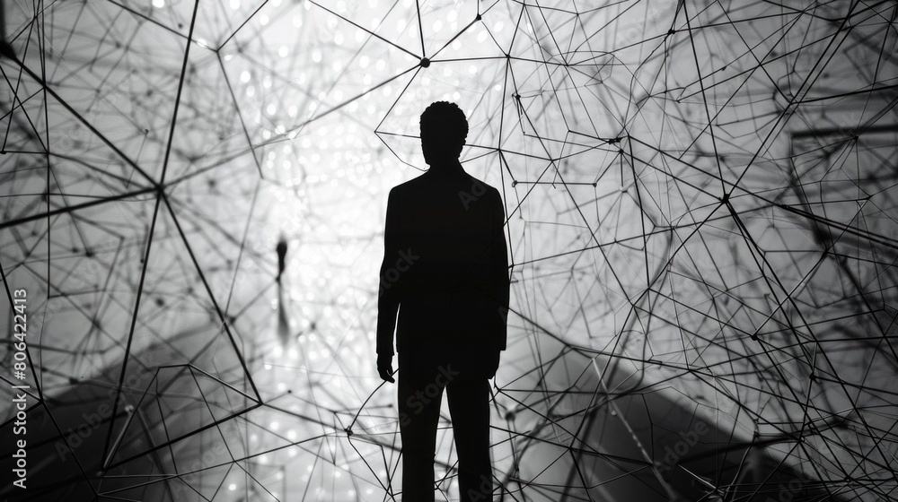 Poster within a tapestry of blank spaces, the silhouette of a network icon emerges, representing the interc
