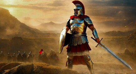 Legionary warrior in helmet, armor and red cape on a battlefield, conflict and struggle in the Roman Empire. muscular Roman Centurion stands in front of a vast  army in mountain, preparing for battle.