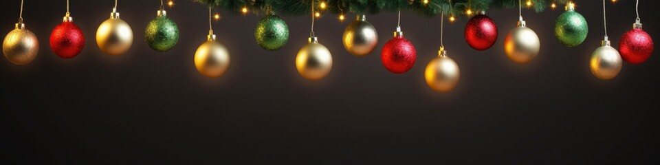 Fototapeta premium hanging colored Christmas toys. light bulbs of colored Christmas balls with a warm light garland. new year border