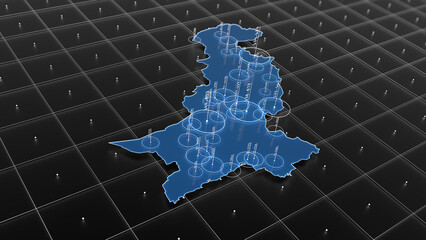 Pakistan blue map big data visualization. Futuristic infographic map. Information aesthetics. Complex visual data. Complex data graphic visualization. 3D render illustration.