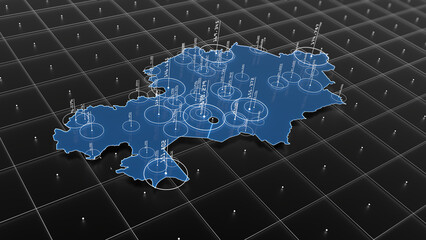 Kazakhstan blue map big data visualization. Futuristic infographic map. Information aesthetics. Complex visual data. Complex data graphic visualization. 3D render illustration.