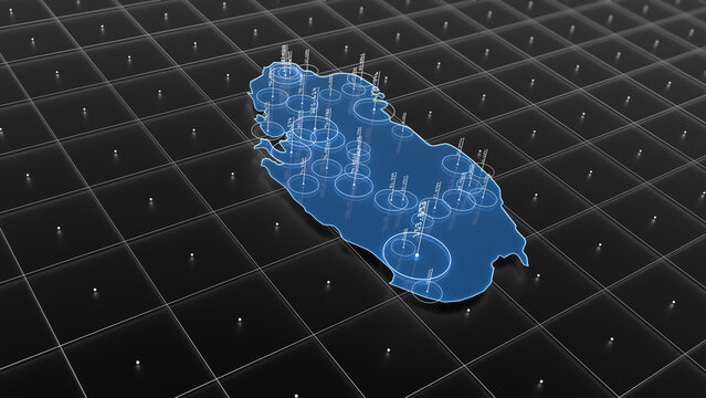 Qatar blue map big data visualization. Futuristic infographic map. Information aesthetics. Complex visual data. Complex data graphic visualization. 3D render illustration.