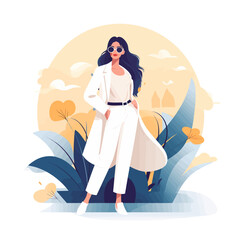 Obraz premium A woman in a white coat and glasses stands in front of a flowery background. Concept of elegance and sophistication, with the woman's attire and the lush greenery in the background
