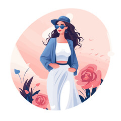 A woman in a blue jacket and white skirt is standing in front of a rose bush. She is wearing sunglasses and a hat