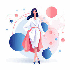 A woman in a white dress is walking in front of a bunch of colorful circles. The circles are of different sizes and colors, creating a vibrant and lively atmosphere