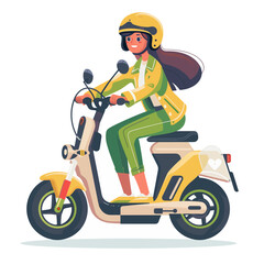 A woman is riding a scooter with a yellow helmet on. She is wearing a green jacket and green pants