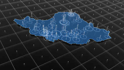 Iran blue map big data visualization. Futuristic infographic map. Information aesthetics. Complex visual data. Complex data graphic visualization. 3D render illustration.