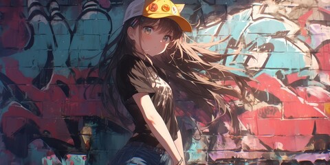 A cute anime girl with long brown hair, wearing a yellow and white cap, jeans pants and a T-shirt