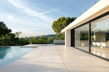 Pool area near the house in modern style with panoramic windows and views of the green mountain landscape