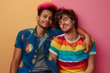 Fototapeta premium Two young men in stylish, colorful attire share a cozy moment against a pink and orange backdrop