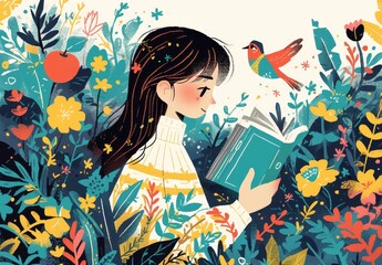 A cute girl is reading a book in a flat illustration style with simple shapes and smooth lines. 