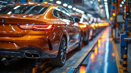 Car production line with cars in blue paint on the frame at factory for manufacturing and sheet metal work industry concept.
