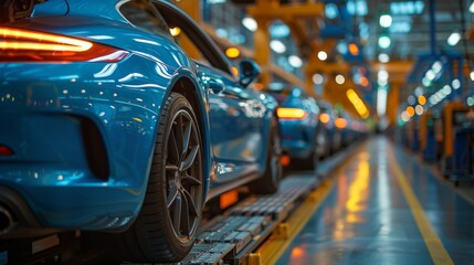 Car production line with cars in blue paint on the frame at factory for manufacturing and sheet metal work industry concept.