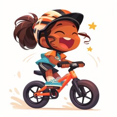 A girl riding an orange bike in a simple flat vector illustration style with a white background