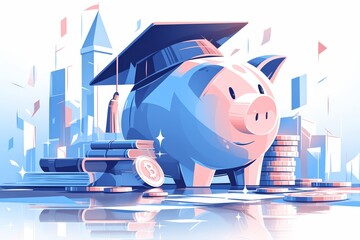 A graphic of a student in a graduation gown and cap next to a piggy bank, books, and coins, representing the cost of education and the concept of victory.