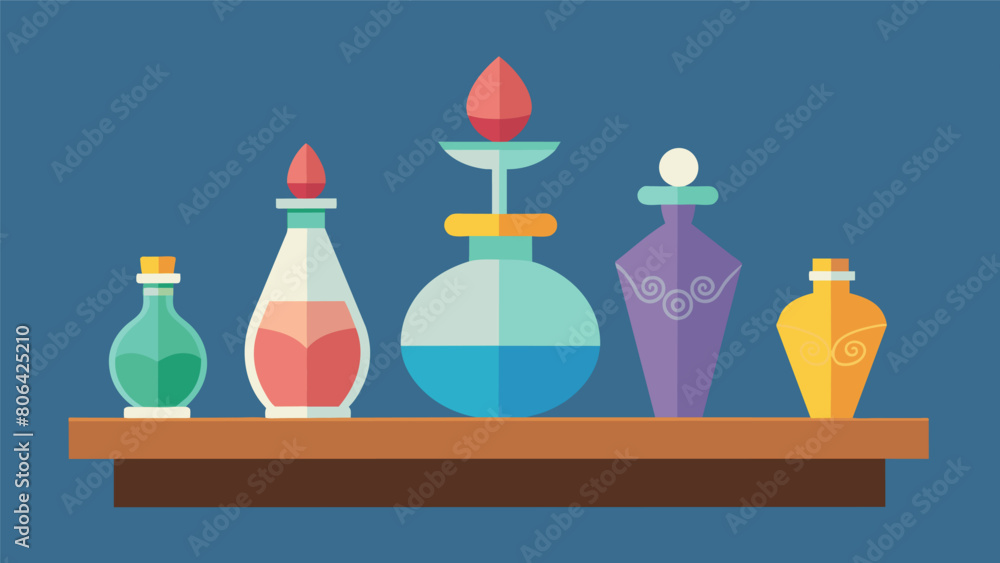 Poster a shelf lined with delicate blown glass perfume bottles each one with a unique shape and stopper.. v