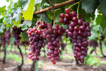 Fototapeta premium Ripe grape plantation in fruit farm vineyard, scenic view of lush grapevines ready for harvest