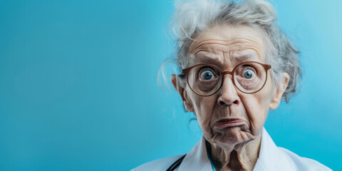 sad old woman doctor in shock on blue background.