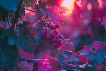 Scenic grape plantation at sunset with lush purple and pink fruit plants in close-up macro lens shot