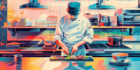 Skilled Chef Artistically Prepares Sushi in Colorful, Contemporary Kitchen Environment.
