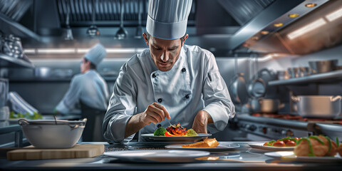 Chef in white attire carefully garnishing a colorful dish in a professional kitchen.