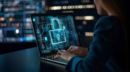 Concept of data protection and cyber security, close up woman hands typing on laptop with digital padlock icon hologram floating above the keyboard.
