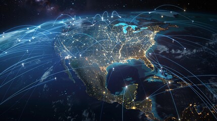 Digital map of North America showing global network connections, data transfer and connectivity between the USA, Canada and Mexico depicted in space over the earth at night.