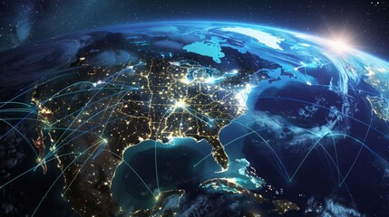 Digital map of North America showing global network connections, data transfer and connectivity between the USA, Canada and Mexico depicted in space over the earth at night.