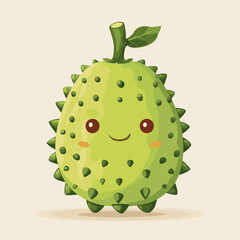 A cartoon soursop with a big smile on its face. The fruit is green and has a lot of spikes