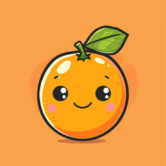 Obraz premium A cartoon orange with a green leaf on top. It is smiling and has a cute expression. The orange is drawn in a cartoon style, with a happy and friendly demeanor