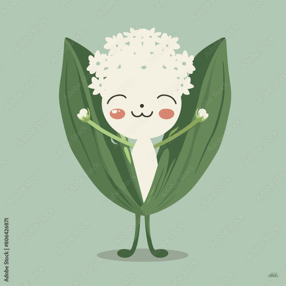 Wall mural A cartoonish vegetable Wild garlic with a green leaf on its head and a smile. The vegetable is happy and he is enjoying itself - Wall murals