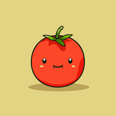 A cartoon tomato is smiling and has a green stem. It is on a yellow background. The tomato is happy and cute