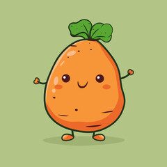 A cartoon Yam with a smile on its face. The Yam is sitting on a green background. The Yam is smiling and has a happy expression