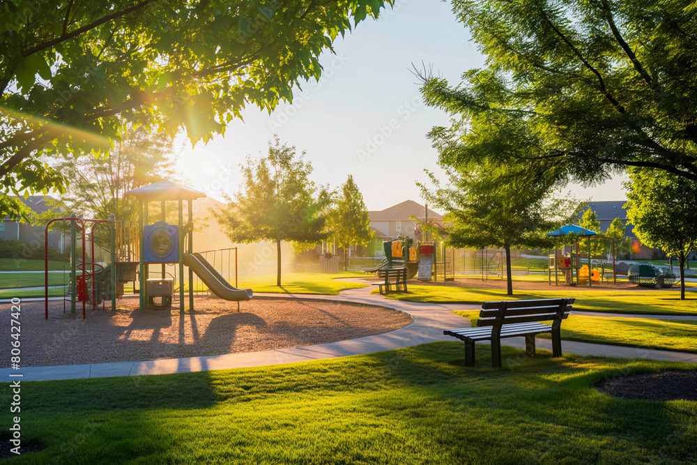 Wall mural a suburban community park with playgrounds and green spaces, bustling with activity as the sun rises