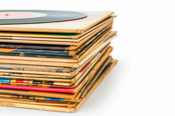 A stack of vintage vinyl records, each one a timeless classic, showcased against a clean white background.