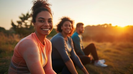 Group of diverse women resting on grassy field