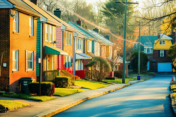 A suburban street lined with colorful townhouses, their facades gleaming in the early morning sun.