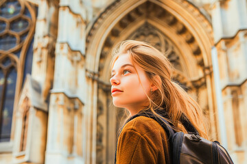 Fototapeta premium A young Caucasian woman admiring the architecture of a historic cathedral, her reverence palpable as she takes in the intricate details of the facade.