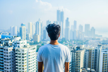 A young Indian man marveling at the skyline of a bustling city, inspired by the endless...