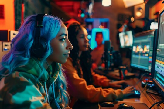 A person with blue and purple hair is focused on a computer screen, surrounded by colorful ambient lighting in a gaming room.