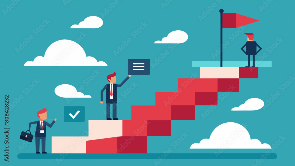 Poster a staircase with each step representing a different stage in the process and the final step leading 