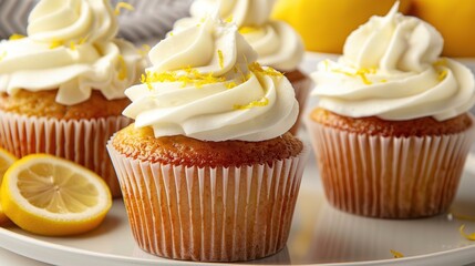 Delicious cupcakes with white cream and lemon zest on plate, closeup. Generative Ai
