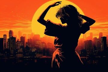 Illustration of a silhouette of a woman dancing with the background of Tokyo City in Japan with retro vibes , vibrant color , City Pop