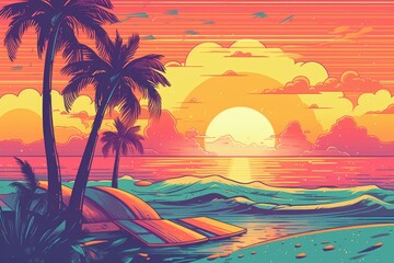 beach with retro vibes , vibrant color , City Pop	
