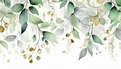 watercolor botanic, Leaf and buds. Seamless herbal composition for wedding or greeting card. Spring Border with leaves eucalyptus, love art