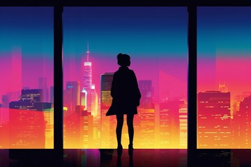 Illustration of a silhouette of a woman with the background of Tokyo City in Japan with retro vibes , vibrant color , City Pop	
